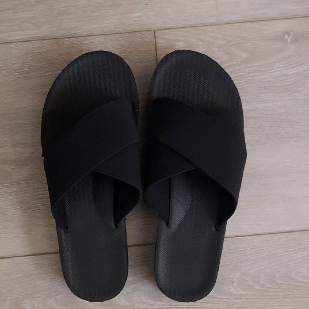 Black Cross-Band Slide Sandals for Women